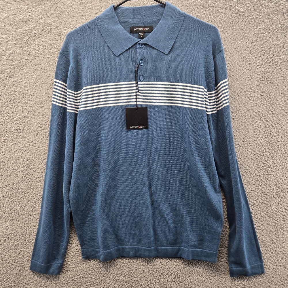 DSTRCT&Row Long Sleeve Collared Blue White Stripes Size M Stretch 1/4 Button New